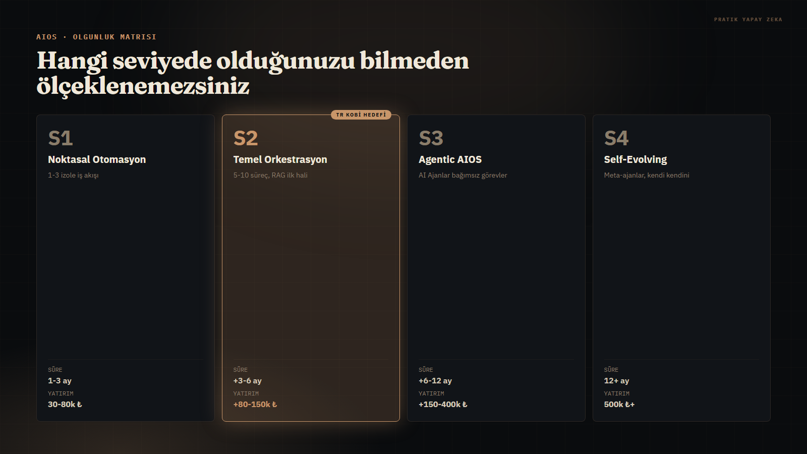 AIOS olgunluk matrisi 4 seviye: Noktasal, Temel Orkestrasyon, Agentic, Self-Evolving - süre ve bütçe